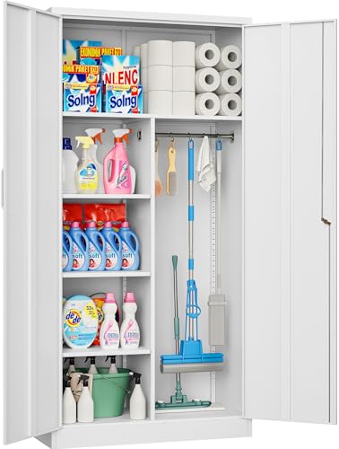 Wide & Deep Metal Storage Cabinet with Hanging Rod,White Broom Closet Storage Cabinet with Lock,72" Tall Wardrobe Cabinets with Doors and Shelves,Locking Steel Tool Cabinets for Home,Office,Garage - color: White, size: 72"H -2 Door -With Rod