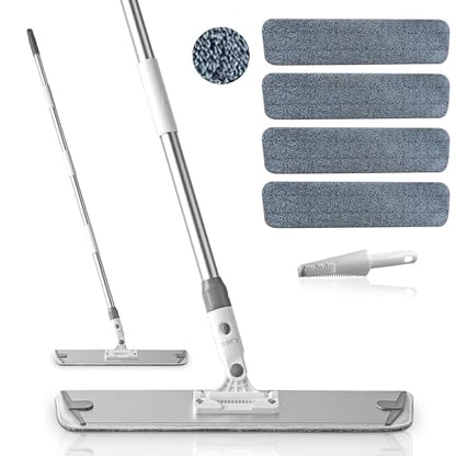 Flat Microfiber Mop for Floor Cleaning, 18 inch (17.7 in/45 cm) Aluminum Base, Adjustable Stainless Steel Handle 29.5 to 52 in, 360-Degree Swivel, Dry & Wet, 4 Washable Pads - LJGG - size: 17.7 INCH