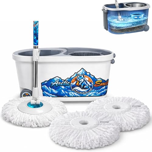 Spin Mop and Bucket System with Wringer, Microfiber Spin Mop and Bucket Set, Stainless Steel Handle, Rolling Mop Bucket with Drain Plug, Includes 3 Mop Heads for Hardwood Tile Floors