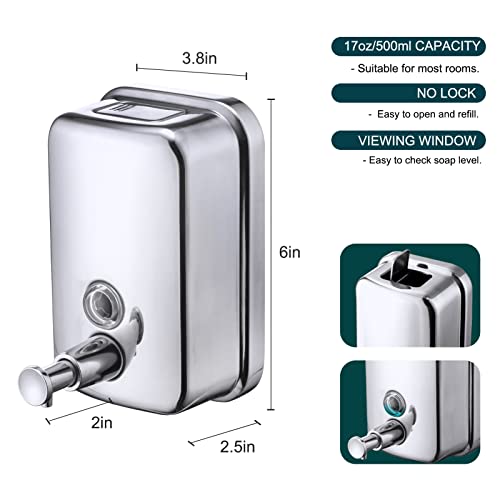 Commercial Soap Dispenser Wall Mount Stainless Steel Manual Liquid Pump Rust-Proof Leak Free for Bathroom (17 fl oz / 500ml) - size: 17 fl oz