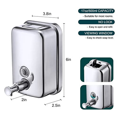 Commercial Soap Dispenser Wall Mount Stainless Steel Manual Liquid Pump Rust-Proof Leak Free for Bathroom (17 fl oz / 500ml) - size: 17 fl oz