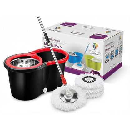 360° Spin Mop & Bucket System – 20QT Floor Cleaning Set with 3 Microfiber Mop Heads & 61" Adjustable Stainless Steel Handle for Effortless, Streak-Free Cleaning-Black - color: Black