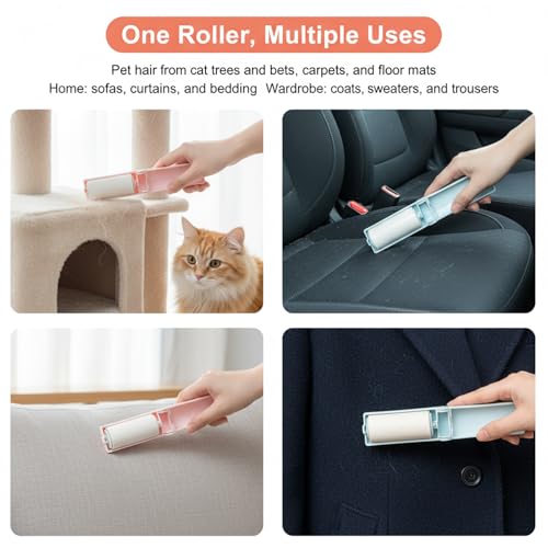 12 Pack Foldable Travel Lint Roller, Washable Foldable Lint Remover, Portable Cleaning Roller with 4 Handles & 8 Refills, Reusable Pet Hair Remover for Clothes with Protective Cover