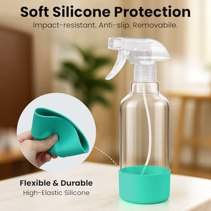 Glass Spray Bottles with Silicone Sleeve 16.9oz 2 Pack Empty Spray Bottle for Hair Mist/Stream Spraying for Cleaning Solutions, Plants, Essential Oils (clear-qblue&green) - color: clear-qblue&green