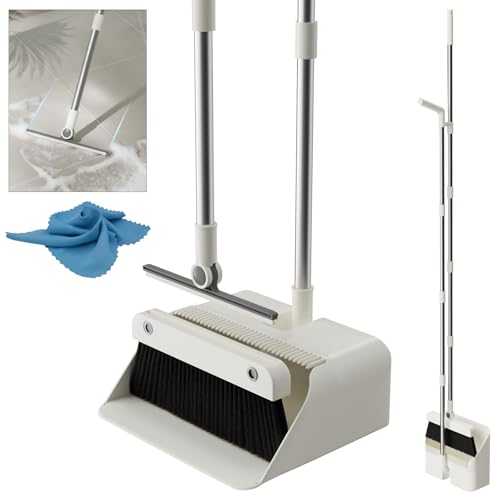 Magnetic Broom and Dustpan Set with Silicone Broom Squeegee, 55'' Broom with Dustpan Combo Set Self-Cleaning Teeth Design Upright Standing Dustpan Blue Microfiber Cloth for Indoor Floor Home Kitchen - color: Set With Blue Cloth