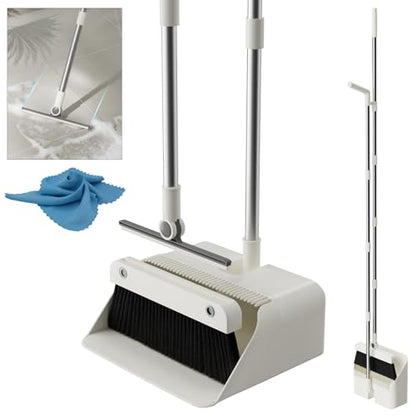 Magnetic Broom and Dustpan Set with Silicone Broom Squeegee, 55'' Broom with Dustpan Combo Set Self-Cleaning Teeth Design Upright Standing Dustpan Blue Microfiber Cloth for Indoor Floor Home Kitchen - color: Set With Blue Cloth