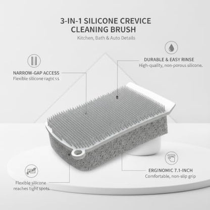 3-in-1 Silicone Crevice Cleaning Brush for Tight Gaps, Kitchen Counters, Bathroom Grout & Car Interiors - Gray