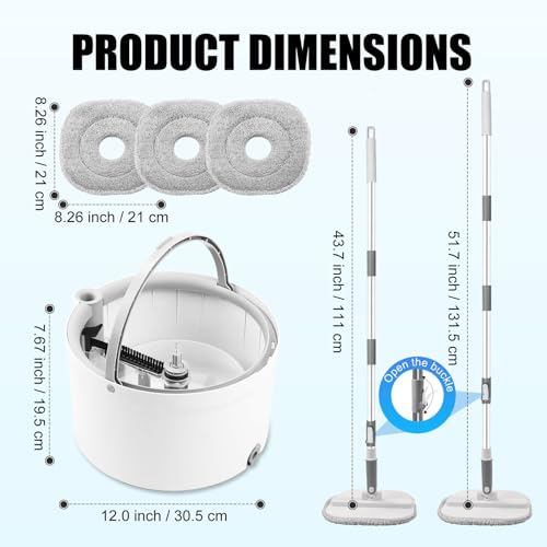Mop and Bucket Set, Spin Mop Bucket with Separate Dirty/Clean Water System, Self-Wringing Square Mops for Floor/Wall Cleaning with 3 Microfiber Pads