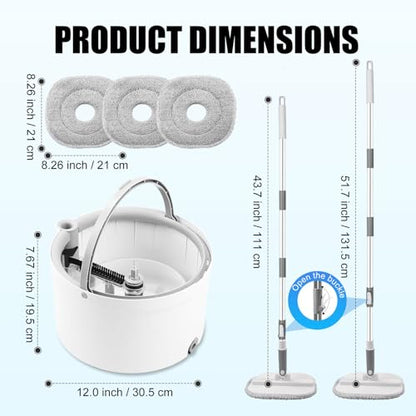 Mop and Bucket Set, Spin Mop Bucket with Separate Dirty/Clean Water System, Self-Wringing Square Mops for Floor/Wall Cleaning with 3 Microfiber Pads