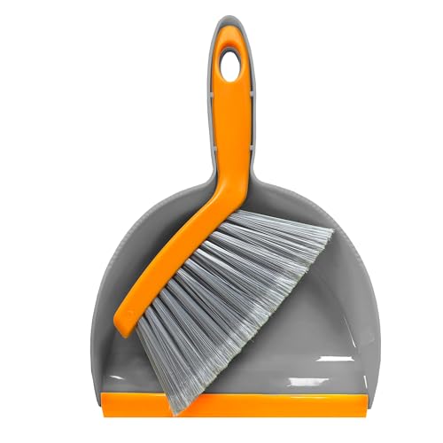 Mini Broom with Dustpan Combo Set Small Dust pan and Brush Set Quick Cleanup Debris Dust for Floor Countertop Worktop Desk Pet Cage (Grey+Orange) - color: Grey+orange