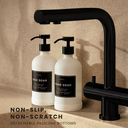 Hand and Dish Soap Dispenser for Kitchen and Bathroom, Set of 2 16 Oz Glass Bottles, Stainless Steel Pumps, Non-Slip Silicone Base, 27 Waterproof Labels (Matte White Bottle/Black Pump) - color: Matte White Bottle / Black Pump