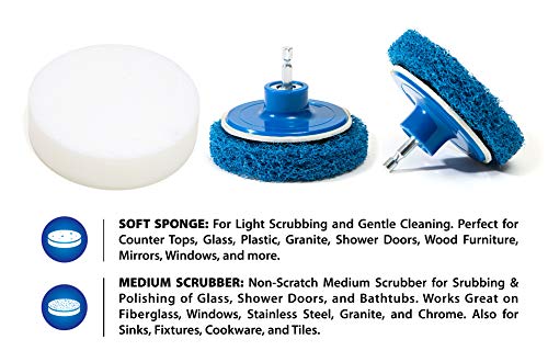 RevoClean 4 Piece Scrub Brush Power Drill Attachments-All Purpose Time Saving Kit-Perfect for Cleaning Grout, Tile, Counter, Shower, Grill, Floor, Kitchen, Blue & White