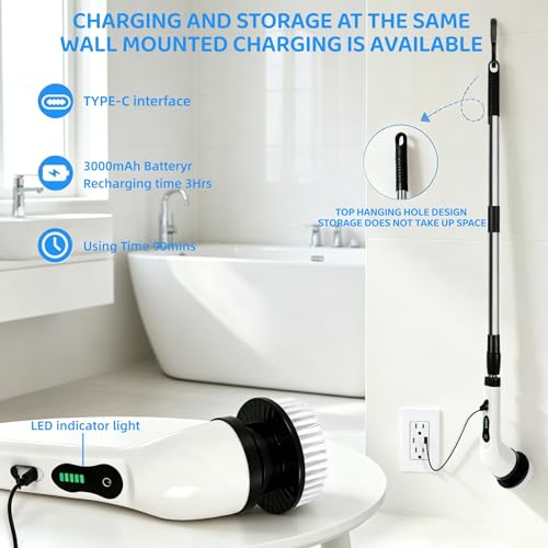 Electric Spin Scrubber,for Mom, 6 Interchangeable Brush Heads, IPX7 Waterproof Cordless Scrubber with Extendable Handle, 2-Speed Rechargeable Bathroom Cleaner for Tub Tile Grout Toilet