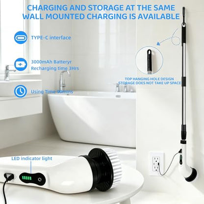 Electric Spin Scrubber,for Mom, 6 Interchangeable Brush Heads, IPX7 Waterproof Cordless Scrubber with Extendable Handle, 2-Speed Rechargeable Bathroom Cleaner for Tub Tile Grout Toilet