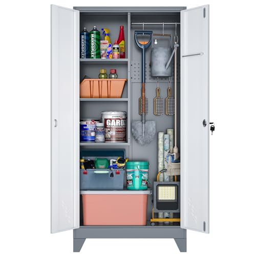 OSEILLC Metal Storage Cabinet with Locking Doors, 61" Tall Garage Cabinet with Hanging Rod, Broom Closet/Freestanding Bathroom Storage Cabinet, Cleaning Tool Storage - color: Grey&white-upgrade
