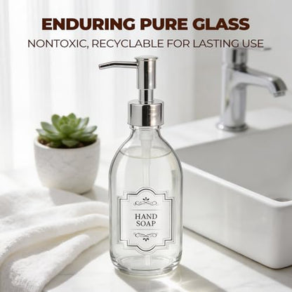8 oz Clear Glass Pump Bottle, 250ml Small Lotion Dispenser Bottle for Body Massage Oil, Refillable Empty Hand and Dish Soap Dispensers Set with Plastic Silver Pump, Labels - 2 Pack - color: Clear With Silver Pump