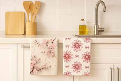 Microfiber Waffle Weave Kitchen Towels Set 2-Pack Quick Dry & Ultra Absorbent Dish Towels Reusable 26x16 Inch Paper Towel Alternative (Floral Design) (Pink)