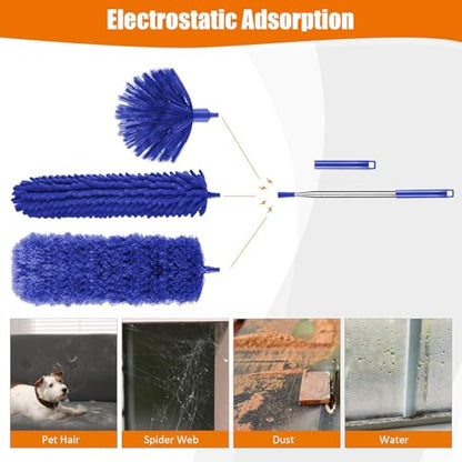 4 Pcs Microfiber Cobweb Duster with 100-inch Extendable Pole, Washable and Reusable Feather Cleaning Duster Kit with 3 Duster Heads,Dusters for Cleaning with Telescopic Pole for High Ceiling Fan,Blue - color: 4pcs-blue