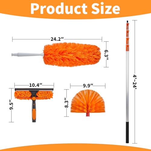 Cobweb Duster with Extension Pole, 4-24ft, Window Cleaning Kit, Include Window Squeegee with Cleaner, Microfiber Feather Duster, Spider Web Brush, Reusable & Replaceable, High Ceiling Dusters, Orange - color: Orange-24ft