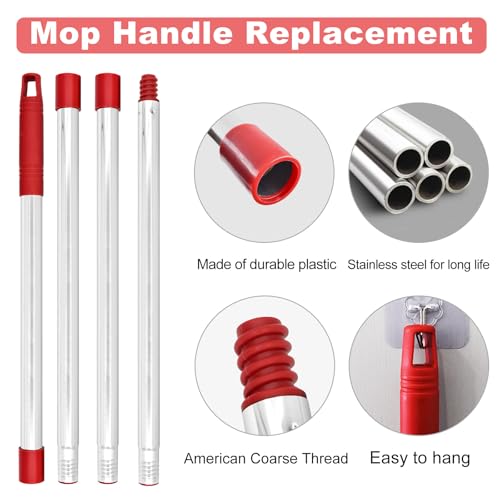 Mop Handle for O Cedar,2 Spin Mop Base for Ocedar, Mop Stick Pole Handle Adjustable 30-58" and Replacement Mop Base Part for EasyWring Spin Mop, Lightweight & Durable - color: Red-2-1