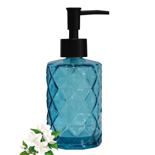 12Oz Small Glass Soap Dispenser with Black Plastic Pump, Blue Refillable Kitchen Countertop Liquid Hand Soap Dispensers with Diamond Design, Crystal Bathroom Lotion Bottle for Dispense Dish Soap - color: Blue Diamond