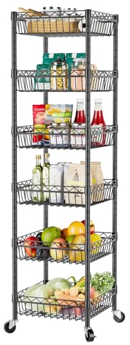 SINGAYE 6 Tier Shelf Wire Rack Shelving with Wheels Metal Storage Shelves Adjustable Closet Bathroom Organizers Baskets Pantry Kitchen Garage Laundry Room 13.5" D x 13.5" W x 63" H Black - color: Black, size: 6-Tier[13.5"Dx13.5"Wx63"H]