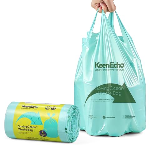 4 Gallon 50 Counts Small Green Trash Bags with Handle, Ocean Fishing Nets Upcycling, Sage & Sea Salt Scented, Plastic Garbage Bags, Waste Bag for Bathroom, Kitchen, Office and Pets - color: 4 Gal, size: 1 Roll
