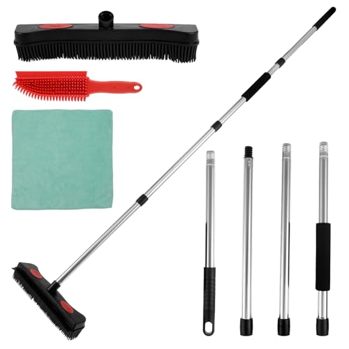 Rubber Broom with Squeegee Efficient Carpet Rake Broom with Adjustable Handle Practical Fur Remover Broom Reusable Detailing Lint Remover Brush Pet Hair Removal Broom for Pet Floor Carpet//