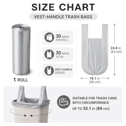 Trash Bags Small Garbage Bags with Handle 1 Rolls 30 Count Strong Kitchen Bathroom Waste Bags Leak Resistant Disposable Bin Liners Black - color: Silver