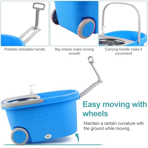 Spin Mop and Bucket with Wringer Set On Wheels, 360° Spinning Mop Bucket System with 3 Microfiber Replacement Heads, 61" Stainless Steel Extended Handle for Floor Cleaning Black/Red (25QT) (Blue) - color: Blue