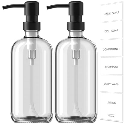 GMISUN Glass Soap Dispenser with Pump, 2 Pack Clear Bathroom Hand Soap Dispenser with Stainless Steel Pump, 17 Fl Oz Refillable Kitchen Hand and Dish Soap Dispensers Set, Modern Liquid Pump Bottles - color: Clear Bottle + Black Pump