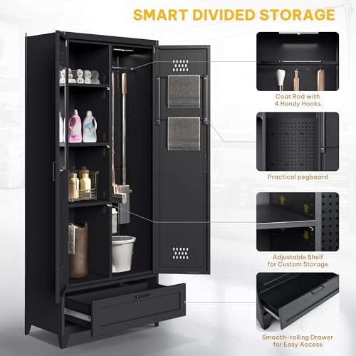 DWVO Metal Garage Storage Cabinet with Pegboard, 71" Tall Broom Cabinet with Lights, Adjustable Shelves, Heavy Duty Tool Storage Cabinet for Garage, Cleaning Room, Gym