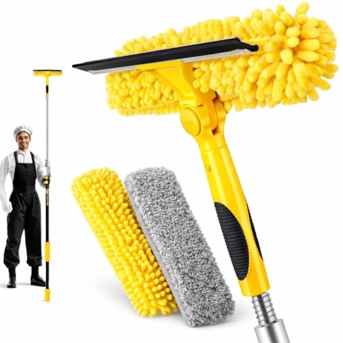 18ft Squeegee Window Cleaner with Extension Pole,2 in 1 Window Cleaning Tool with 3-Stage Telescopic Pole & Rotatable Head,Window Washing Equipment for Solar Panel, RV, Indoor/Outdoor Window,Car Glass - size: 12 feet