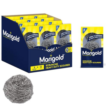 MARIGOLD Scrunchie Stainless Steel Scourer, 12 Packs of 3 Scourers, Grey, 11.6 x 4 x 22.5 cm