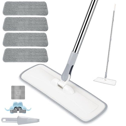 wlich Microfiber Mop for Cleaning Floors,55 Inch Extendable Flat Mop with 4 Reusable Washable Pads, 1 hook, 1 wall piece, and 1 scraper, Wet Dry and Dust Mops for Bathroom Kitchen, Floor,Ceramic Tiles