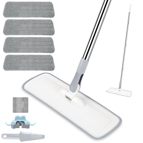 wlich Microfiber Mop for Cleaning Floors,55 Inch Extendable Flat Mop with 4 Reusable Washable Pads, 1 hook, 1 wall piece, and 1 scraper, Wet Dry and Dust Mops for Bathroom Kitchen, Floor,Ceramic Tiles