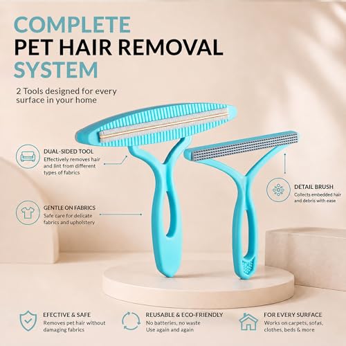 2 Pack Set Pet Hair Removal Tool – Dual-Head Copper & Plastic Scraper for Carpet, Furniture & Car, Reusable Lint Remover for Embedded Dog & Cat Hair - color: Sapphirine