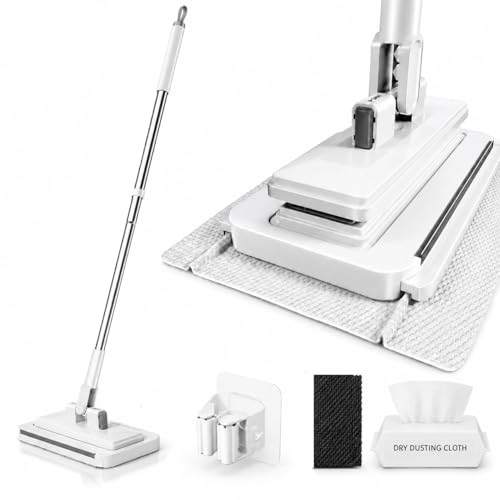 Hands-Free Multi-Purpose Flat Mop, Shark Tooth Triple Grip Built-in Rubber Squeegee for Window One Button Automatic Release Flat Mop Washable Reusable Microfiber Cloth,6×31 in,1 Pack Cloth - color: With 1 Pack Cloth, size: 6×31 in