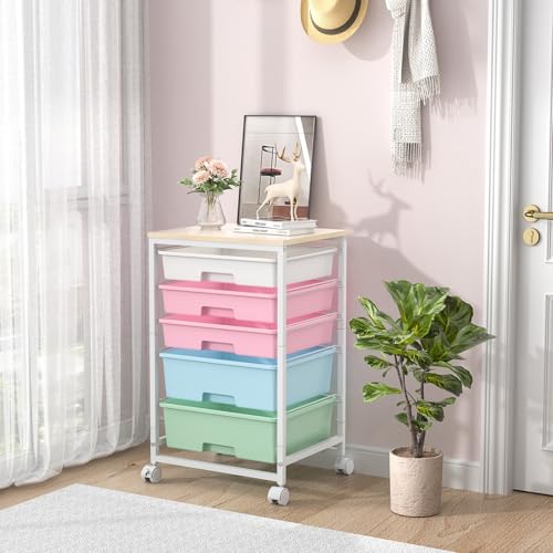 SYKIARIOL Utility Cart with 5 Drawers,Storage Drawer Cart with Wooden Tabletop and Lockable Wheels,Craft Storage Trolley Cart,5-Tier Rolling Utility Cart on Wheels,Rainbow - color: Rainbow