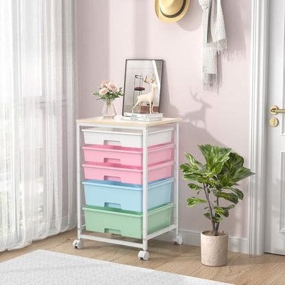 SYKIARIOL Utility Cart with 5 Drawers,Storage Drawer Cart with Wooden Tabletop and Lockable Wheels,Craft Storage Trolley Cart,5-Tier Rolling Utility Cart on Wheels,Rainbow - color: Rainbow