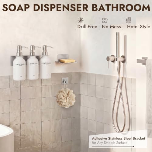 KOUCHU Shampoo and Conditioner Dispenser - Wall Mounted Shower Soap Dispenser - 17oz No-Drill Refillable Plastic Bottles with Stainless Steel Pump for Bathroom - Includes Soap Dish and Hook (Silver) - color: Silver