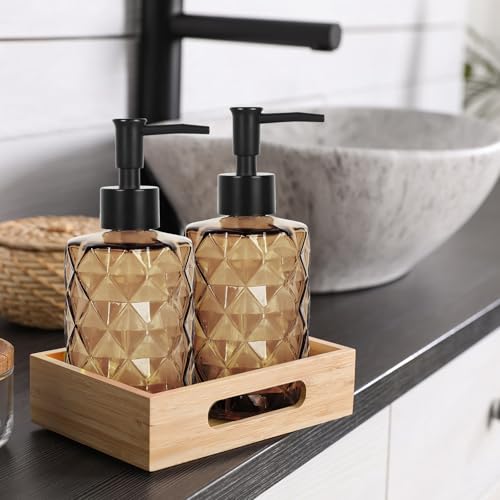 Dark Brown Glass Soap Dispenser with Pump, 12oz Diamond Design Hand Soap Dispenser, Refillable Lotion Dispenser & Dish Dispenser, Bathroom Dispenser for Dishwashing Liquid, Shower Gel - color: Diamond Amber