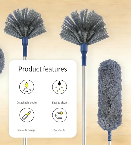 Washable Cobweb Duster Kit with Telescoping Aluminum Pole | Includes 2 Duster Heads & Corner Brush for High Ceilings, Fans, and Hard-to-Reach Areas