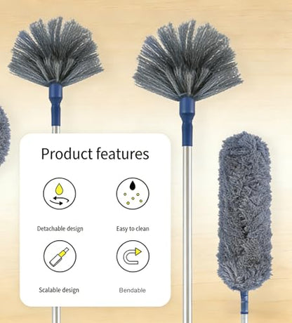Washable Cobweb Duster Kit with Telescoping Aluminum Pole | Includes 2 Duster Heads & Corner Brush for High Ceilings, Fans, and Hard-to-Reach Areas