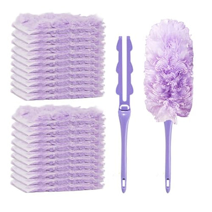 Duster Refills Compatible with Swiffer, 20 Count with 2 Handles, Heavy Duty 360° 4X Microfiber Stay‑On Pads, Unscented Disposable Duster for Pet Hair, Blinds, Ceiling Fans, Home Cleaning