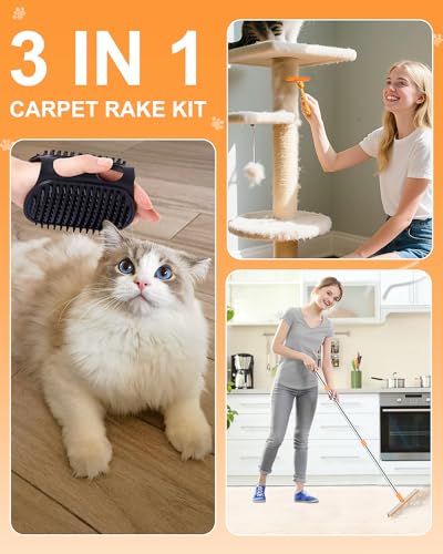 3 in 1 Carpet Rake for Pet Hair Removal Tool, 51” Adjustable Long Handle Pet Hair Removal Broom, Pet Grooming Brush, Cat Dog Hair Remover Carpet Scraper for Rugs, Mats - color: Orange-Silver