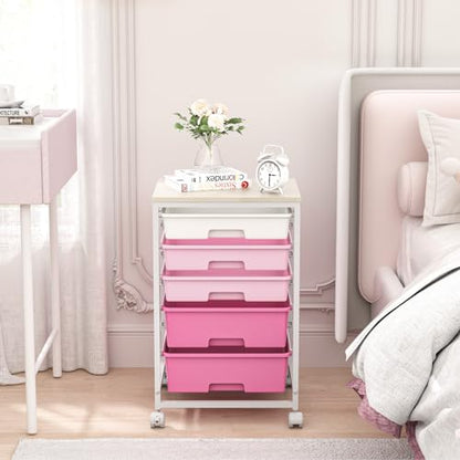 SYKIARIOL Utility Cart with 5 Drawers,Storage Drawer Cart with Wooden Tabletop and Lockable Wheels,Craft Storage Trolley Cart,5-Tier Rolling Utility Cart on Wheels,Rose Pink - color: Rose Pink