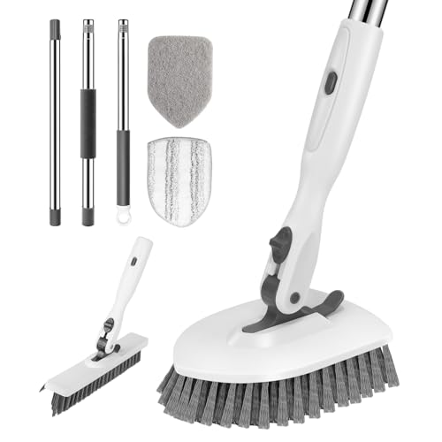 SetSail 4-in-1 Tile Tub Floor Scrubber with 52-inch Long Adjustable Handle Shower Cleaner Brush with V-Shaped Grout Brush and 3 Replacement Brush Heads for Bathroom Kitchen Walls Tub Tile, White Grey - color: White Grey, size: 2 pads+VSH