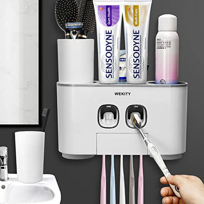 Toothbrush Holder WREWING Multi-Function Wall-Mounted Automatic Toothpaste Dispenser and Dust-Proof Toothbrush Holder with 5 Brush Slots 4 Cups 2 Automatic Toothpaste Dispensers 1 Storage Slot (Grey) - color: Grey