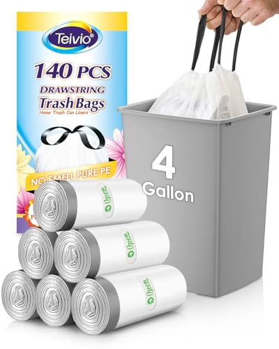 4 Gallon 140 Counts Strong Drawstring Trash Bags Garbage Bags by Teivio, Bathroom Trash Can Bin Liners, Small Plastic Bags for home office kitchen, White - style: 4Gal-White-140pcs-Drawstring